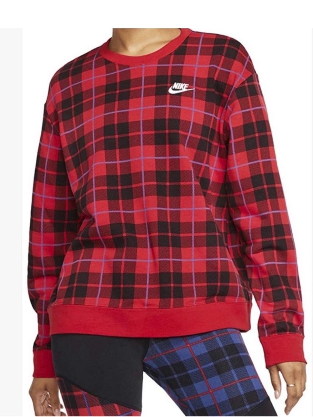 Nike Red and Black Plaid Crewneck Sweatshirt